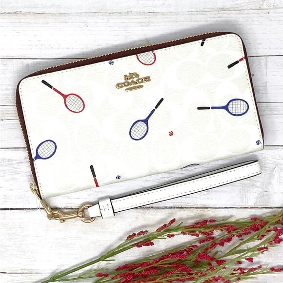 Coach Long Zip Around Wallet In Signature Canvas With Racquet Print Chalk C8385 - Picture 1 of 5
